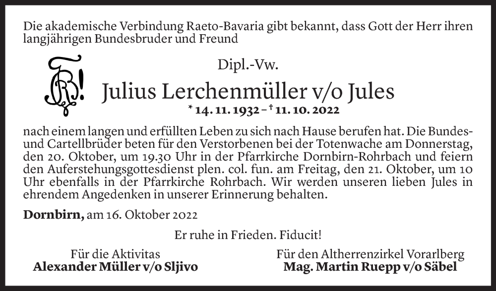  Todesanzeige für Julius Lerchenmüller vom 18.10.2023 aus Vorarlberger Nachrichten
