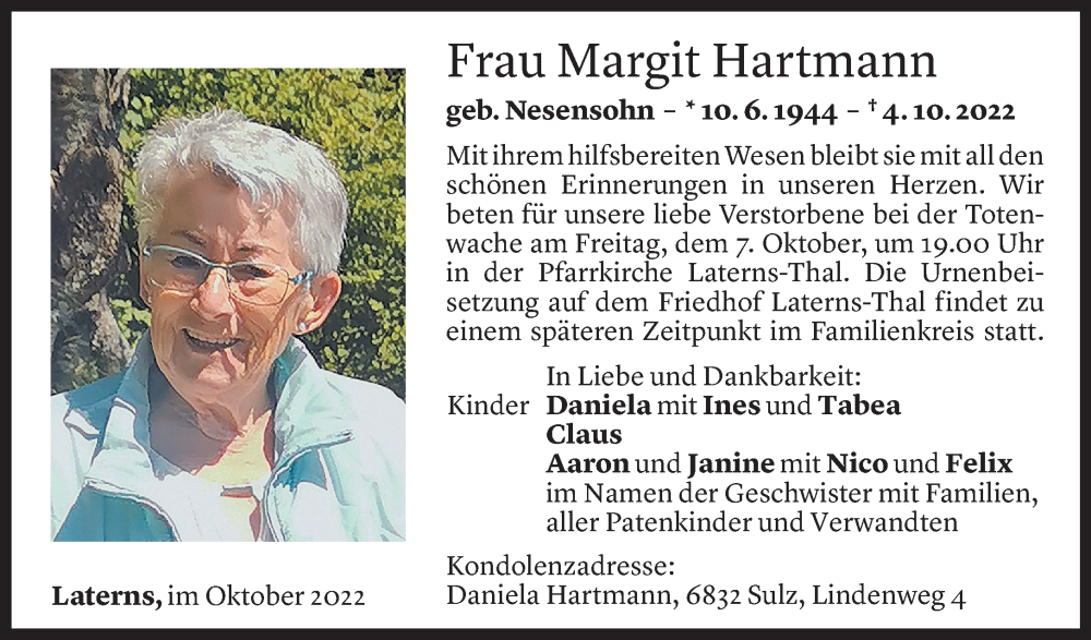  Todesanzeige für Margit Hartmann vom 06.10.2022 aus Vorarlberger Nachrichten