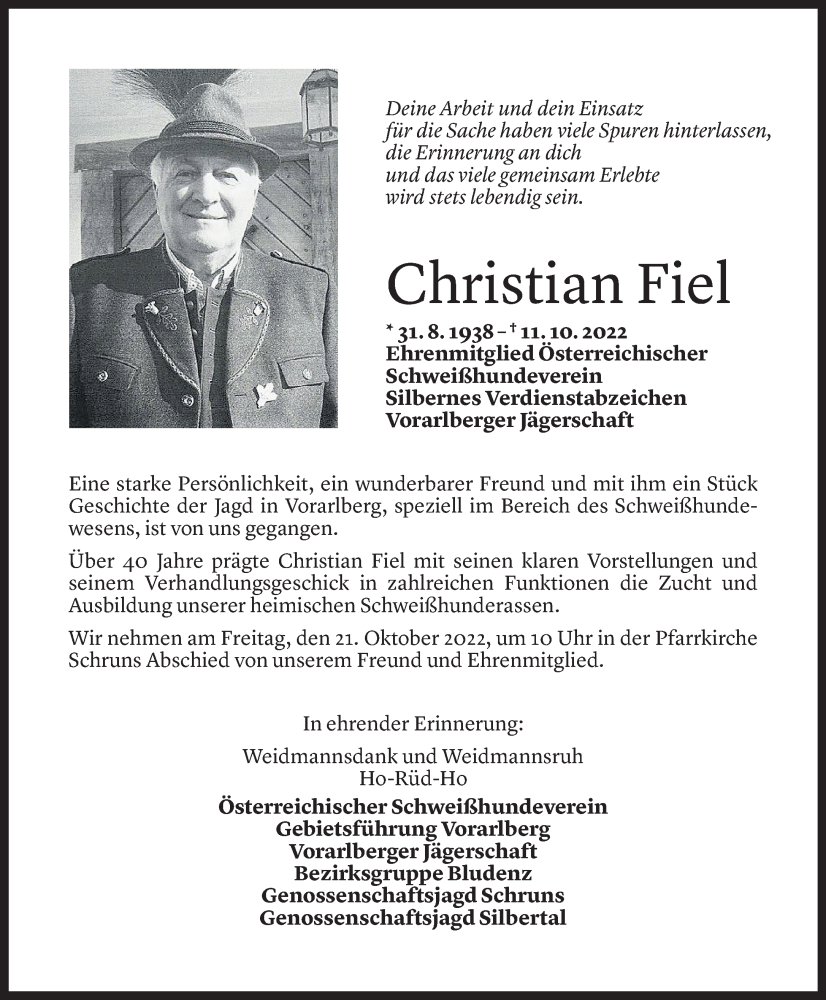  Todesanzeige für Christian Fiel vom 18.10.2022 aus Vorarlberger Nachrichten