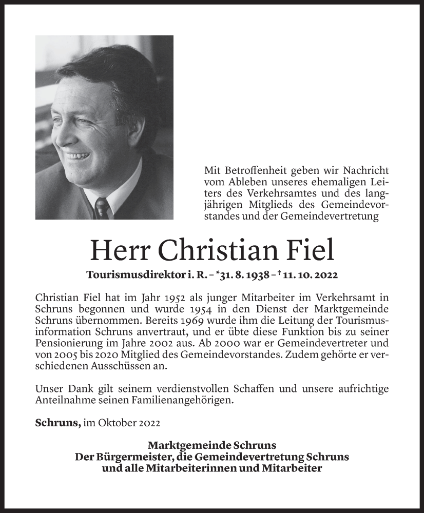  Todesanzeige für Christian Fiel vom 15.10.2022 aus Vorarlberger Nachrichten