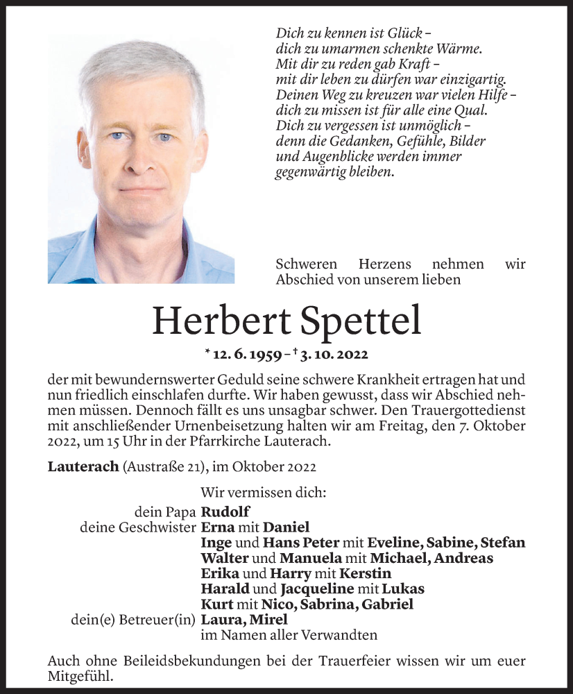  Todesanzeige für Herbert Spettel vom 06.10.2022 aus Vorarlberger Nachrichten