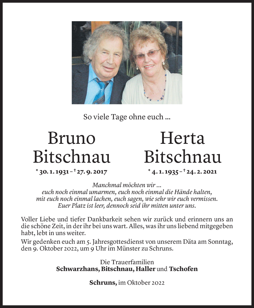  Todesanzeige für Bruno und Herta Bitschnau vom 07.10.2022 aus Vorarlberger Nachrichten
