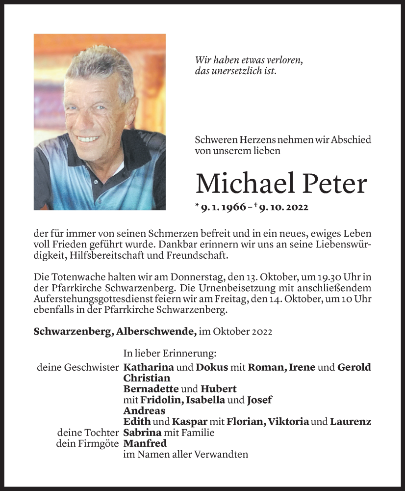 Todesanzeige für Michael Peter vom 12.10.2022 aus Vorarlberger Nachrichten