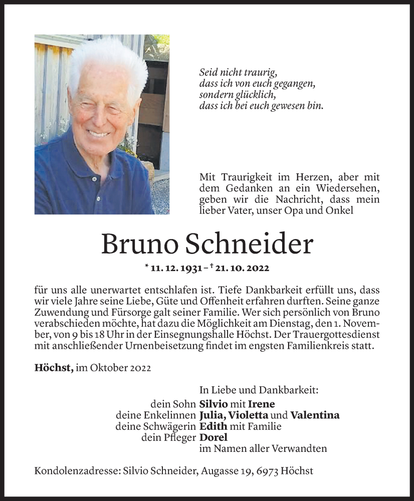  Todesanzeige für Bruno Schneider vom 28.10.2022 aus Vorarlberger Nachrichten