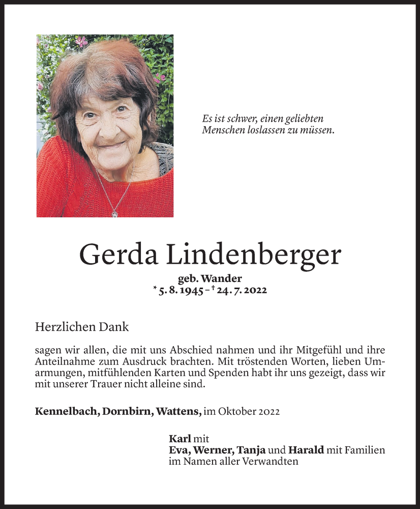  Todesanzeige für Gerda Lindenberger vom 19.10.2022 aus Vorarlberger Nachrichten