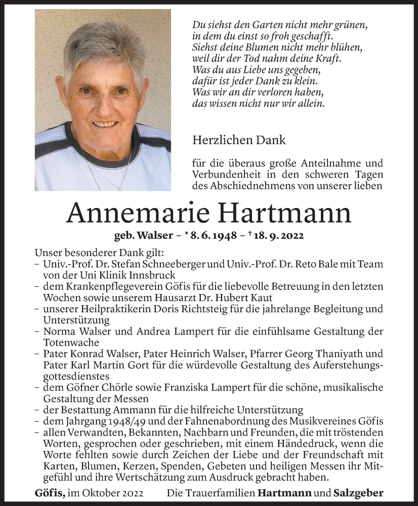  Todesanzeige für Annemarie Hartmann vom 22.10.2022 aus Vorarlberger Nachrichten
