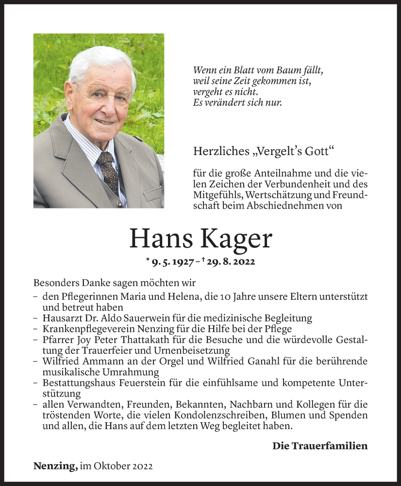  Todesanzeige für Hans Kager vom 07.10.2022 aus Vorarlberger Nachrichten
