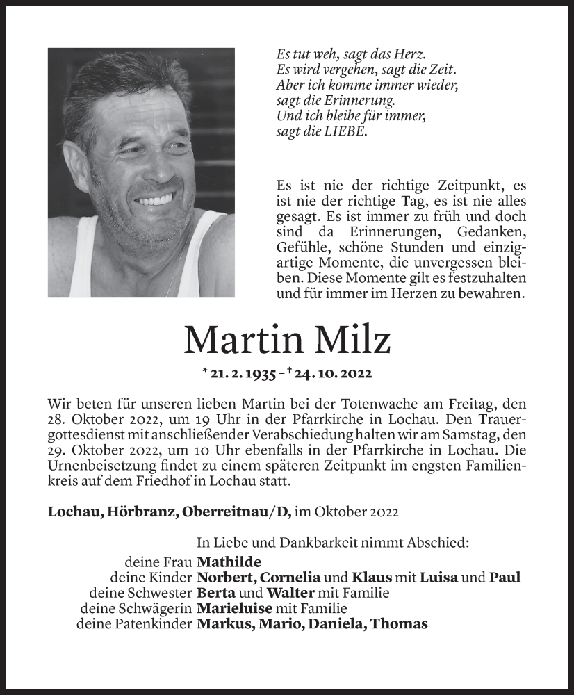  Todesanzeige für Martin Milz vom 26.10.2022 aus Vorarlberger Nachrichten