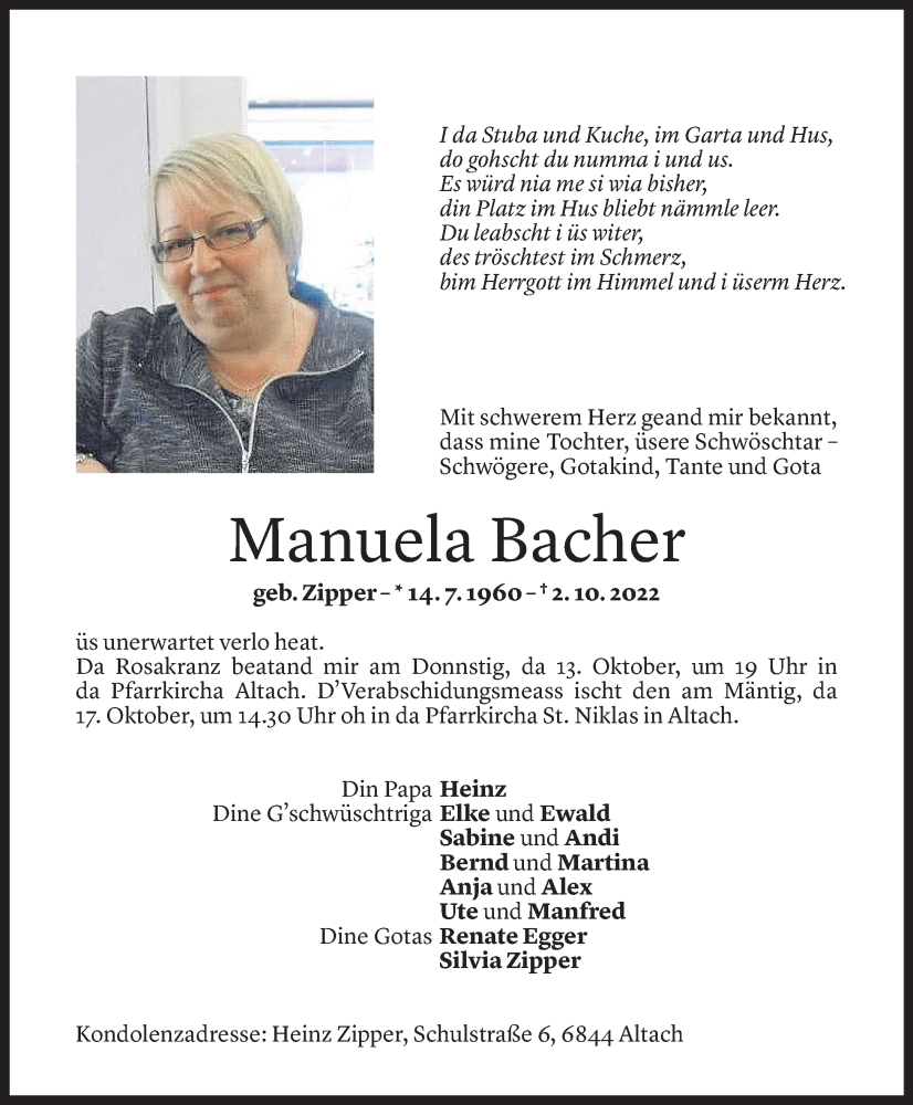  Todesanzeige für Manuela Bacher vom 11.10.2022 aus Vorarlberger Nachrichten