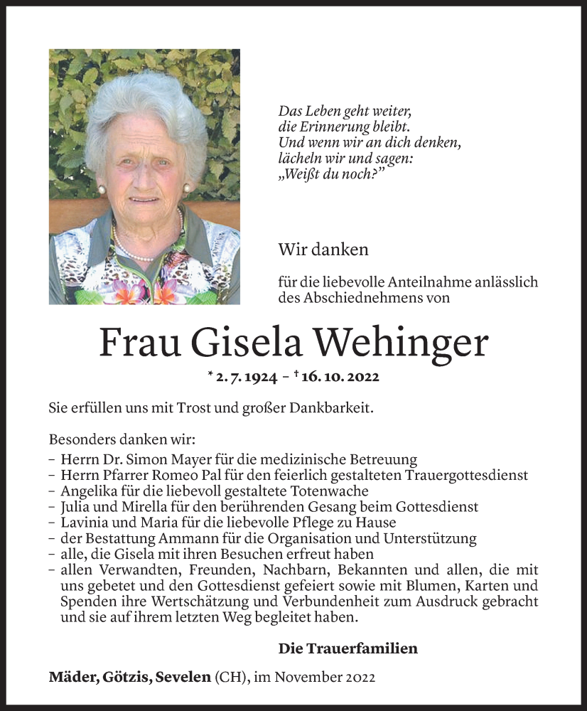 Todesanzeigen von Gisela Wehinger | Todesanzeigen Vorarlberger Nachrichten