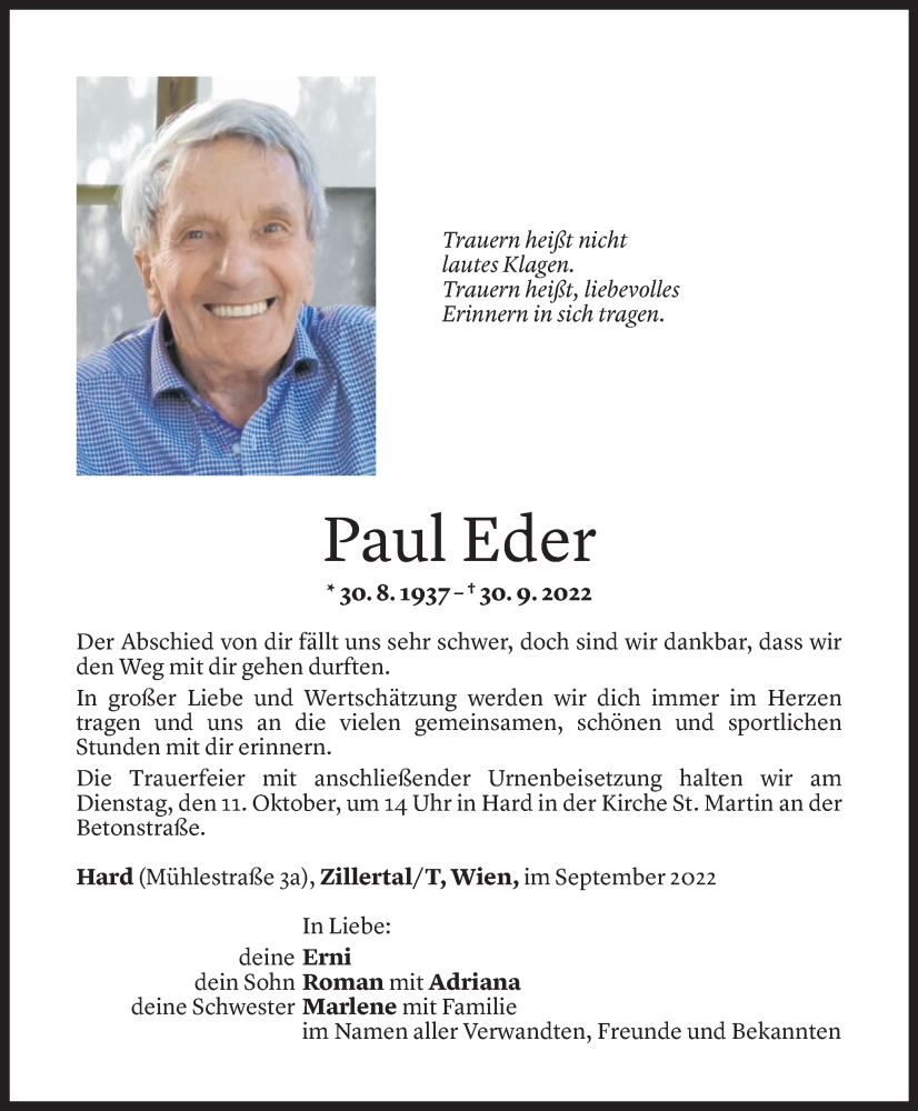  Todesanzeige für Paul Eder vom 07.10.2022 aus Vorarlberger Nachrichten