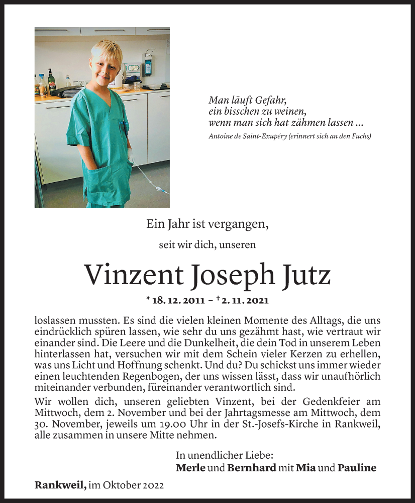  Todesanzeige für Vinzent Joseph Jutz vom 29.10.2022 aus Vorarlberger Nachrichten