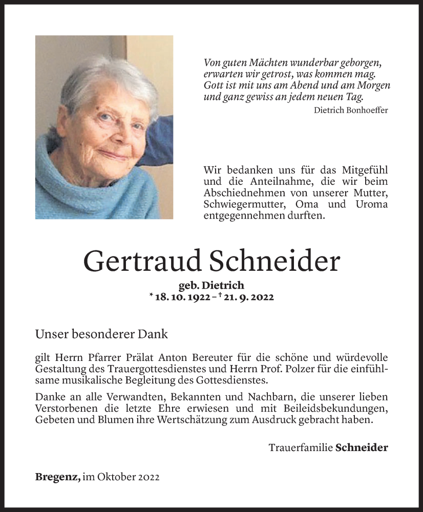  Todesanzeige für Gertraud Schneider vom 17.10.2022 aus Vorarlberger Nachrichten