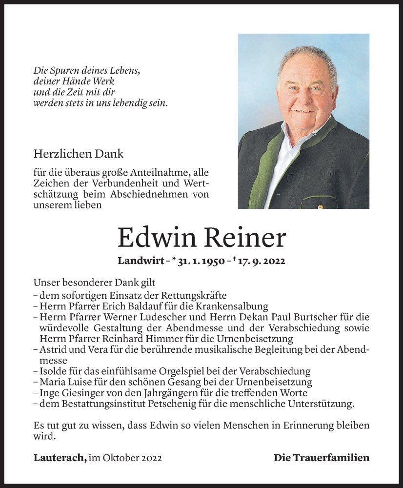  Todesanzeige für Edwin Reiner vom 22.10.2022 aus Vorarlberger Nachrichten