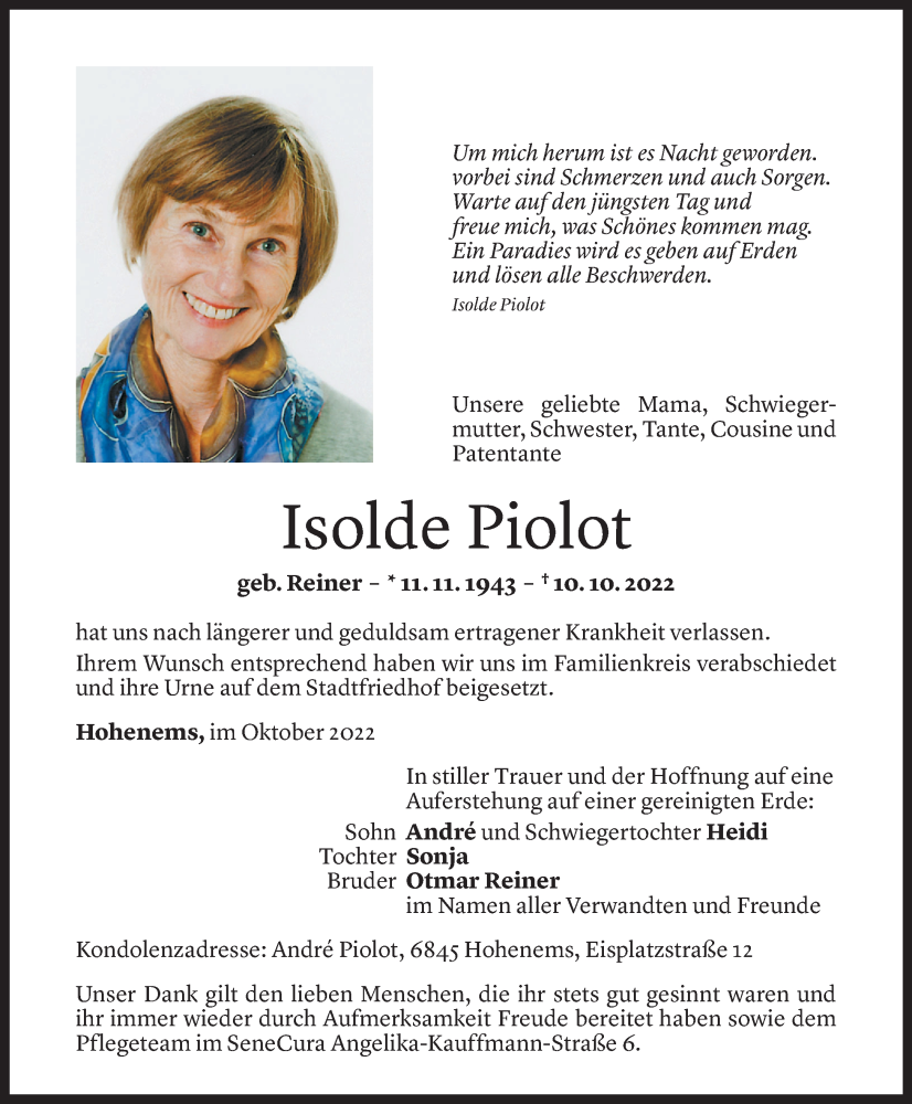  Todesanzeige für Isolde Piolot vom 15.10.2022 aus Vorarlberger Nachrichten