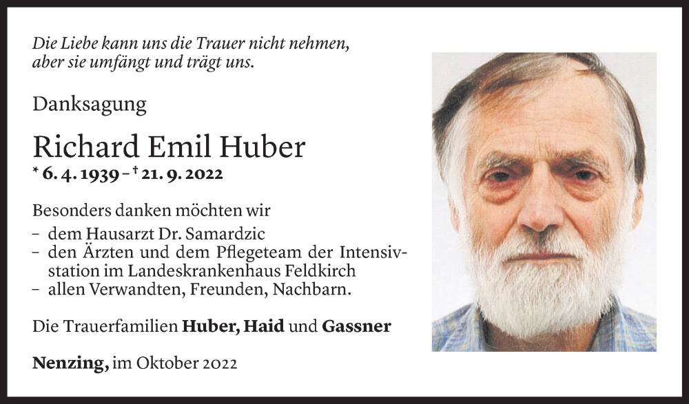  Todesanzeige für Richard Huber vom 21.10.2022 aus Vorarlberger Nachrichten