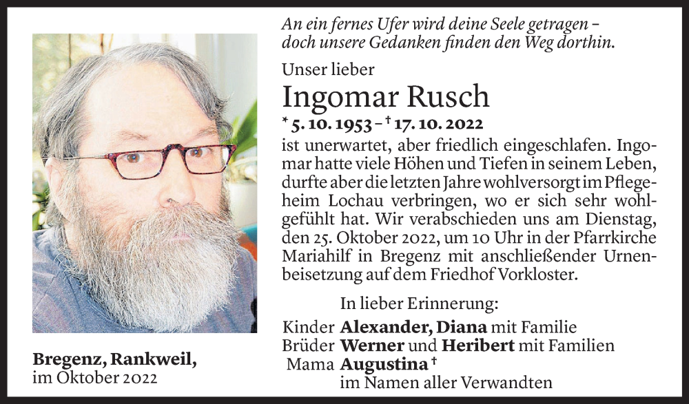  Todesanzeige für Ingomar Rusch vom 25.10.2022 aus Vorarlberger Nachrichten