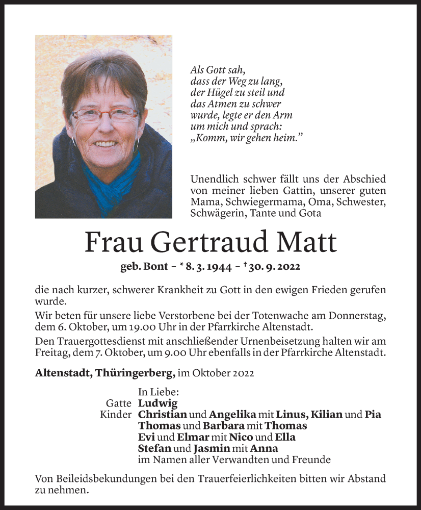  Todesanzeige für Gertrud Matt vom 05.10.2022 aus Vorarlberger Nachrichten