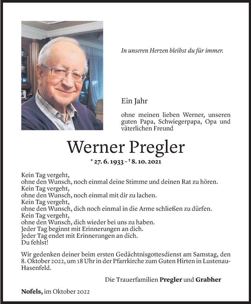  Todesanzeige für Werner Pregler vom 05.10.2022 aus Vorarlberger Nachrichten