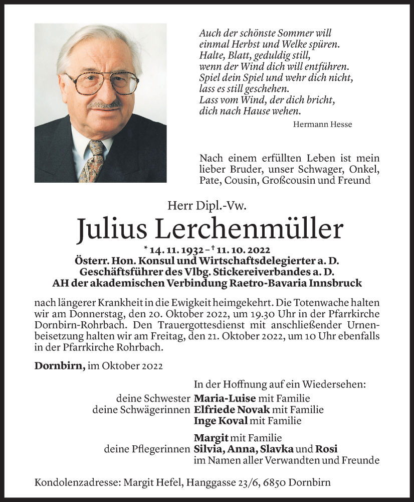  Todesanzeige für Julius Lerchenmüller vom 18.10.2022 aus Vorarlberger Nachrichten