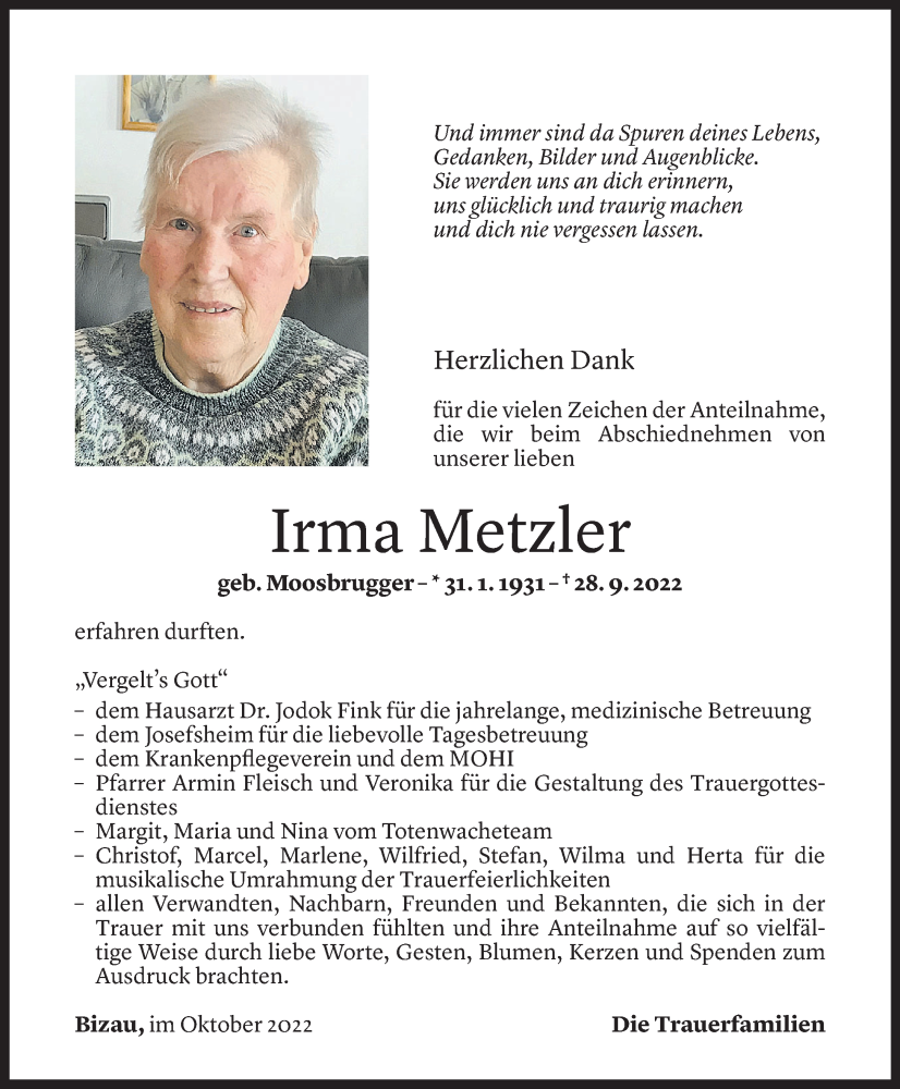  Todesanzeige für Irma Metzler vom 14.10.2022 aus Vorarlberger Nachrichten