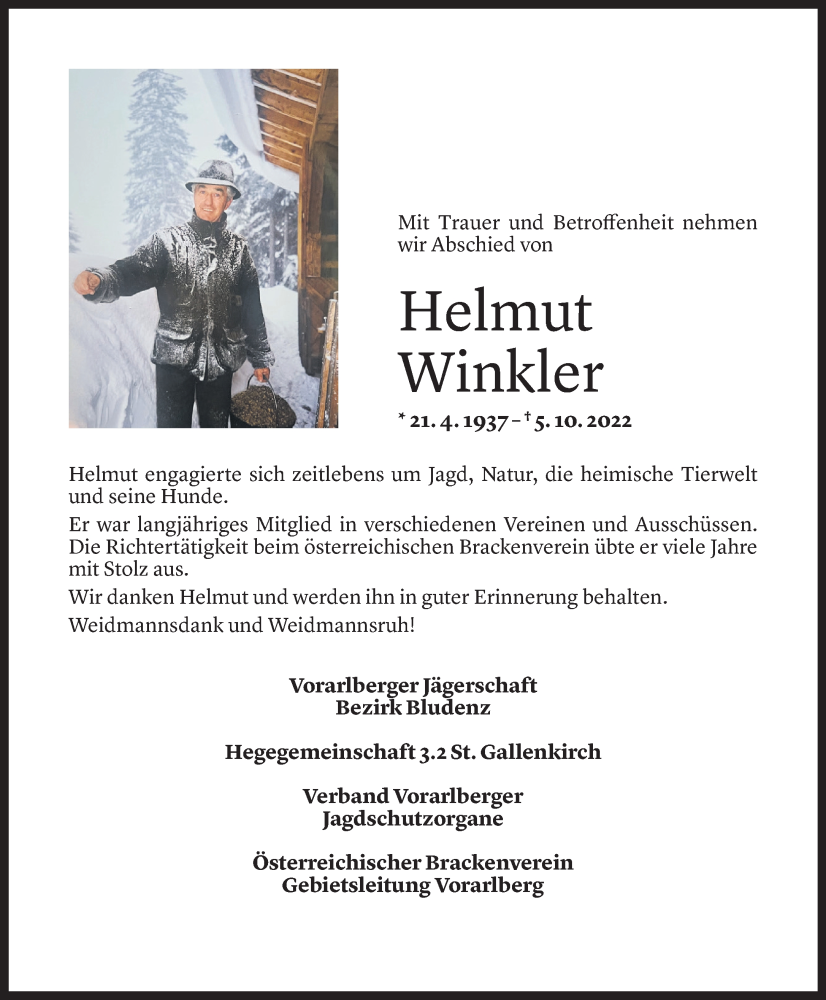  Todesanzeige für Helmut Winkler vom 06.10.2022 aus Vorarlberger Nachrichten