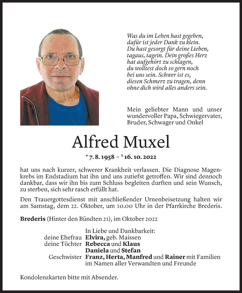  Todesanzeige für Alfred Muxel vom 20.10.2022 aus Vorarlberger Nachrichten