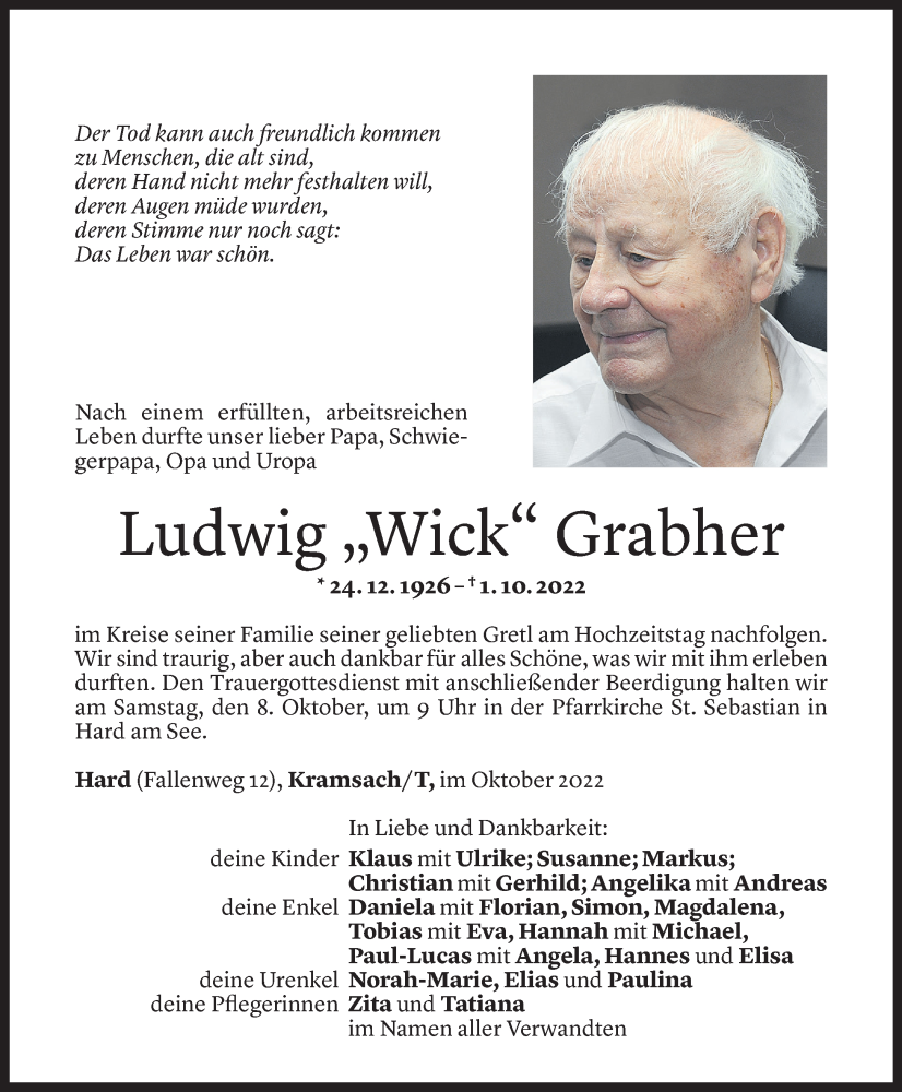  Todesanzeige für Ludwig Grabher vom 05.10.2022 aus Vorarlberger Nachrichten