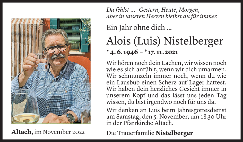  Todesanzeige für Alois Nistelberger vom 03.11.2022 aus Vorarlberger Nachrichten