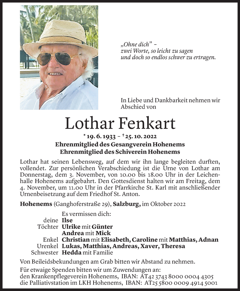  Todesanzeige für Lothar Fenkart vom 31.10.2022 aus Vorarlberger Nachrichten