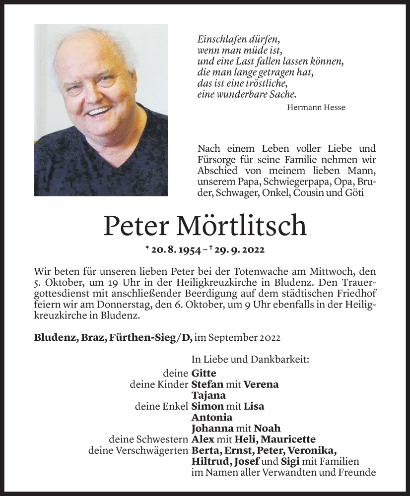  Todesanzeige für Peter Mörtlitsch vom 03.10.2022 aus Vorarlberger Nachrichten