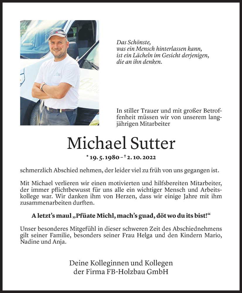 Todesanzeige für Michael Sutter vom 05.10.2022 aus Vorarlberger Nachrichten