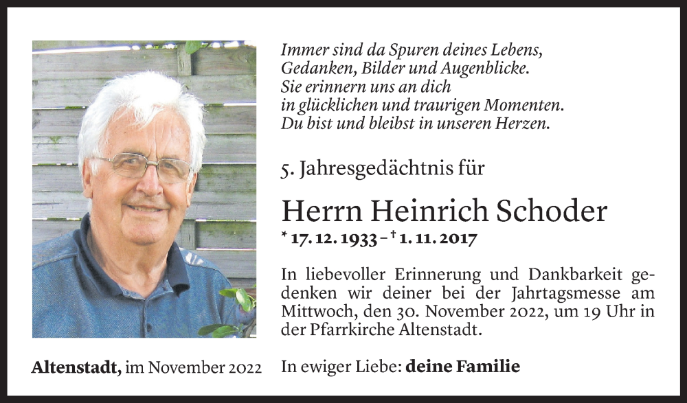  Todesanzeige für Heinrich Schoder vom 31.10.2022 aus Vorarlberger Nachrichten