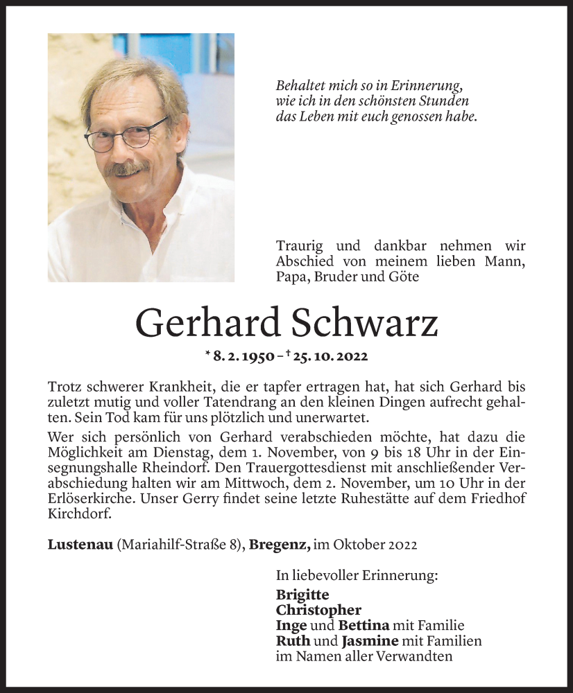  Todesanzeige für Gerhard Schwarz vom 28.10.2022 aus Vorarlberger Nachrichten