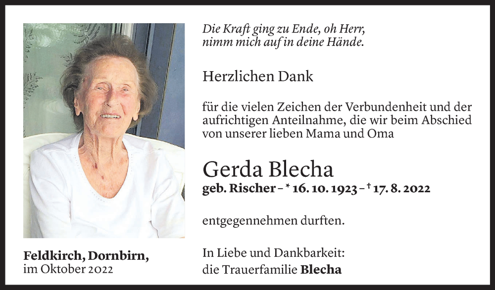  Todesanzeige für Gerda Blecha vom 09.10.2022 aus Vorarlberger Nachrichten