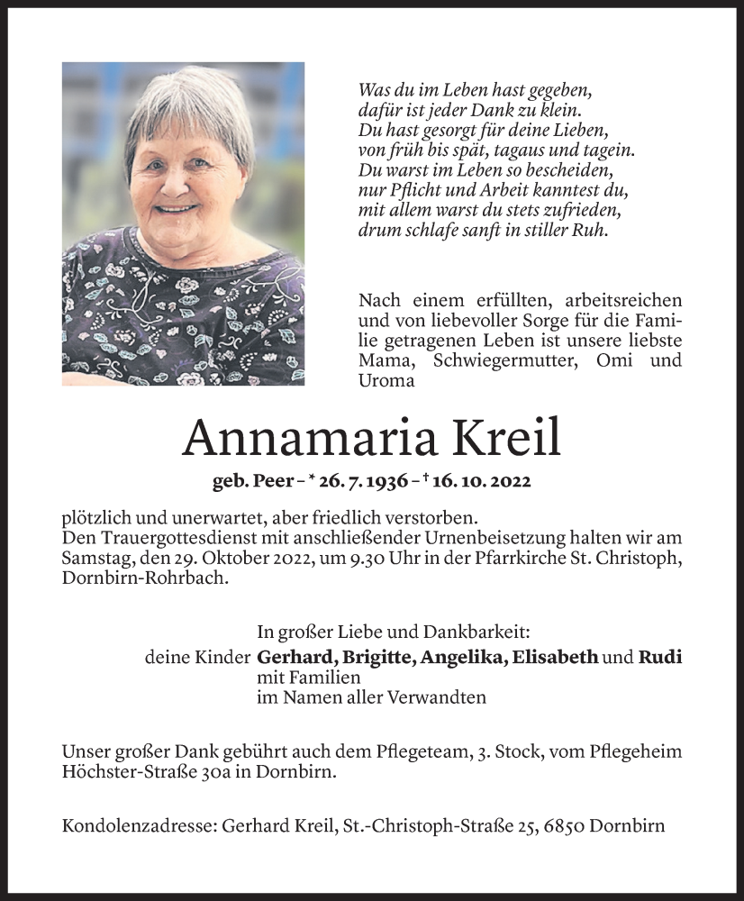  Todesanzeige für Annamaria Kreil vom 26.10.2022 aus 