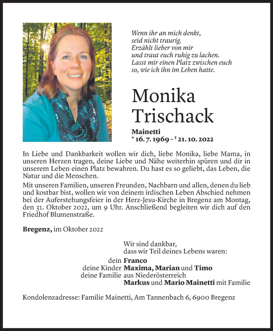 Todesanzeige von Monika Trischack von Vorarlberger Nachrichten