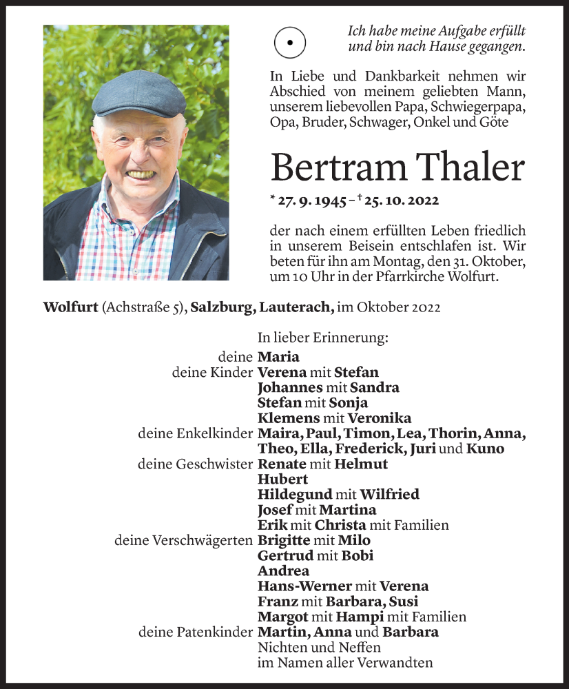  Todesanzeige für Bertram Thaler vom 29.10.2022 aus Vorarlberger Nachrichten