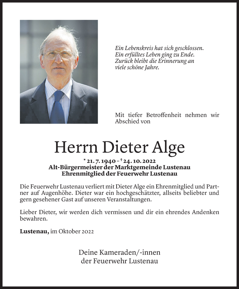  Todesanzeige für Dieter Alge vom 26.10.2022 aus Vorarlberger Nachrichten