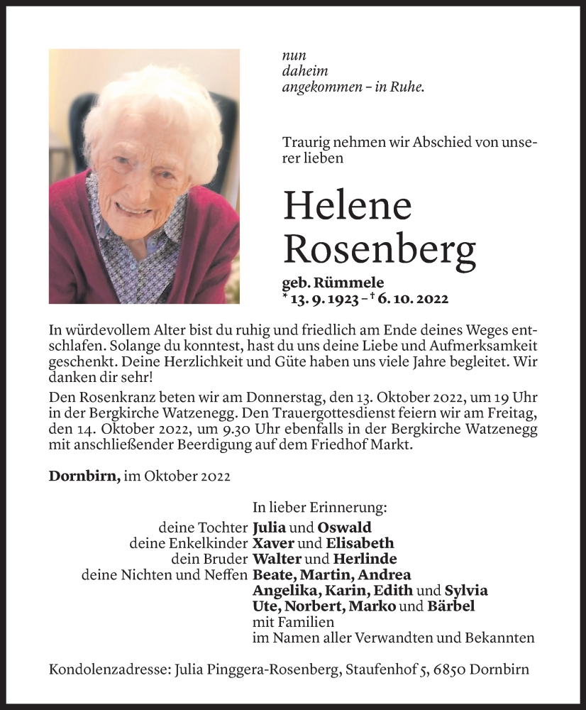  Todesanzeige für Helene Rosenberg vom 07.10.2022 aus vorarlberger nachrichten