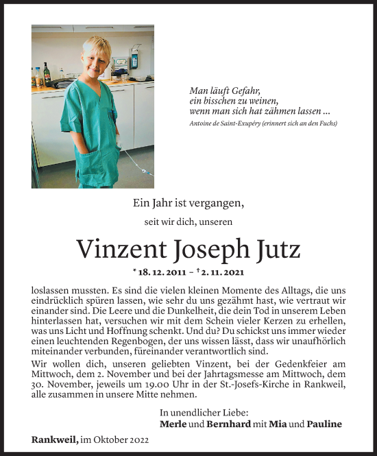 Todesanzeige von Vinzent Joseph Jutz von Vorarlberger Nachrichten