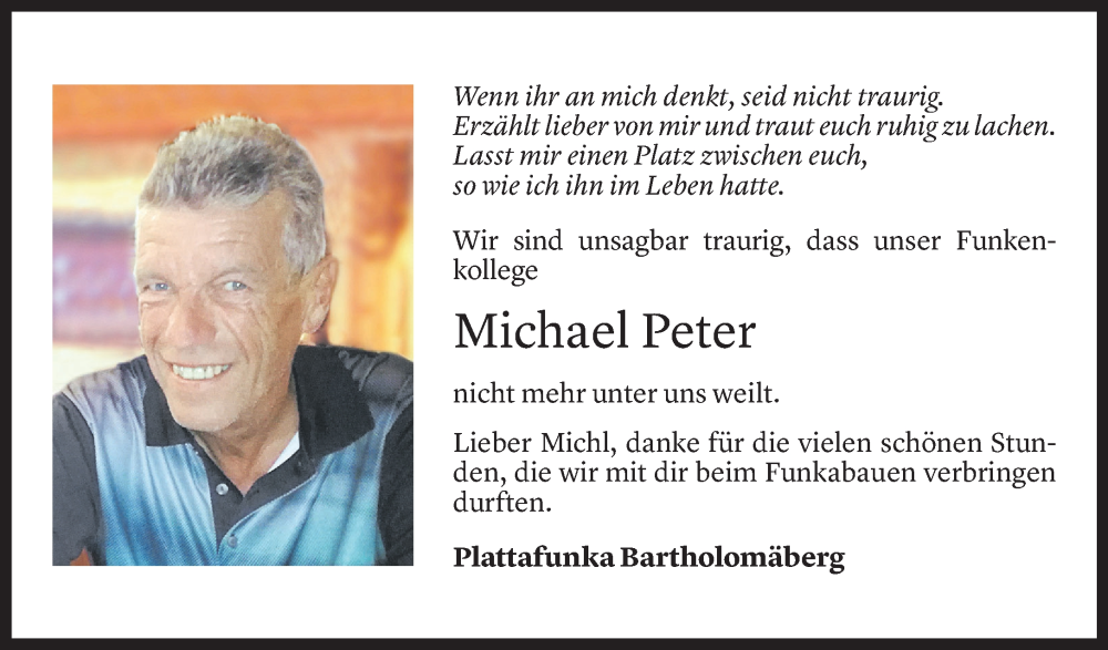  Todesanzeige für Michael Peter vom 12.10.2022 aus Vorarlberger Nachrichten