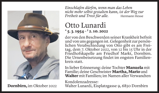 Todesanzeige von Otto Lunardi von Vorarlberger Nachrichten