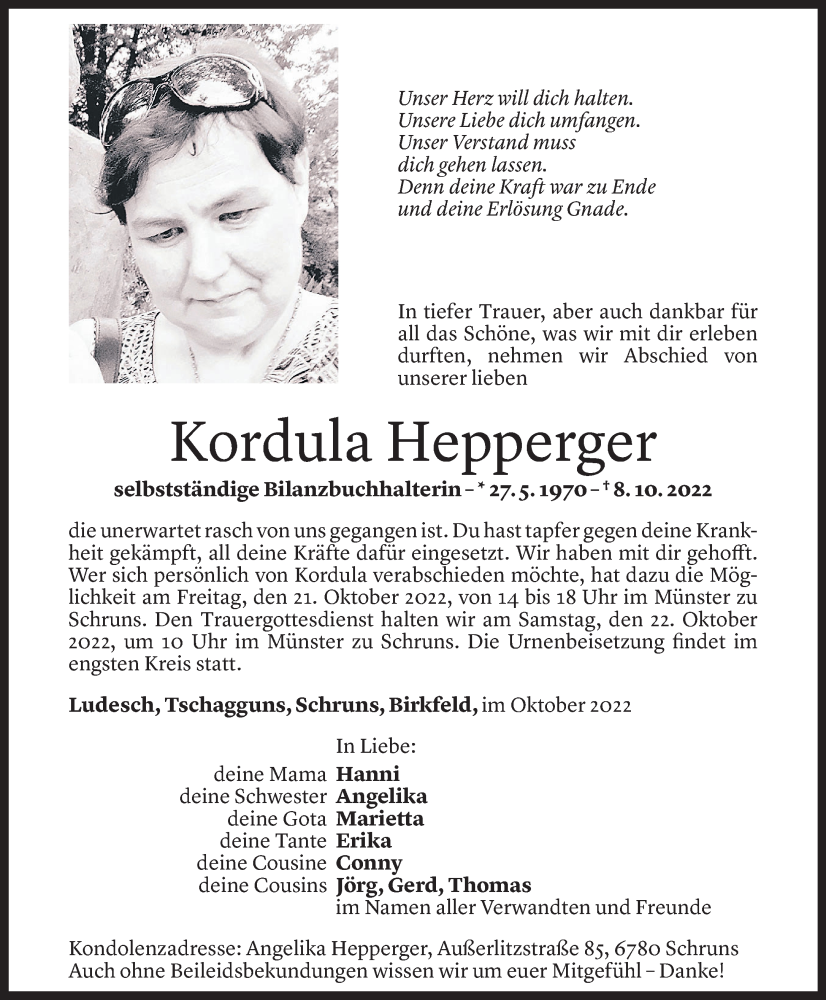  Todesanzeige für Kordula Heppberger vom 18.10.2022 aus Vorarlberger Nachrichten