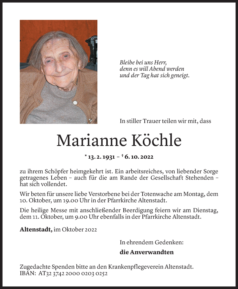  Todesanzeige für Marianne Köchle vom 08.10.2022 aus Vorarlberger Nachrichten