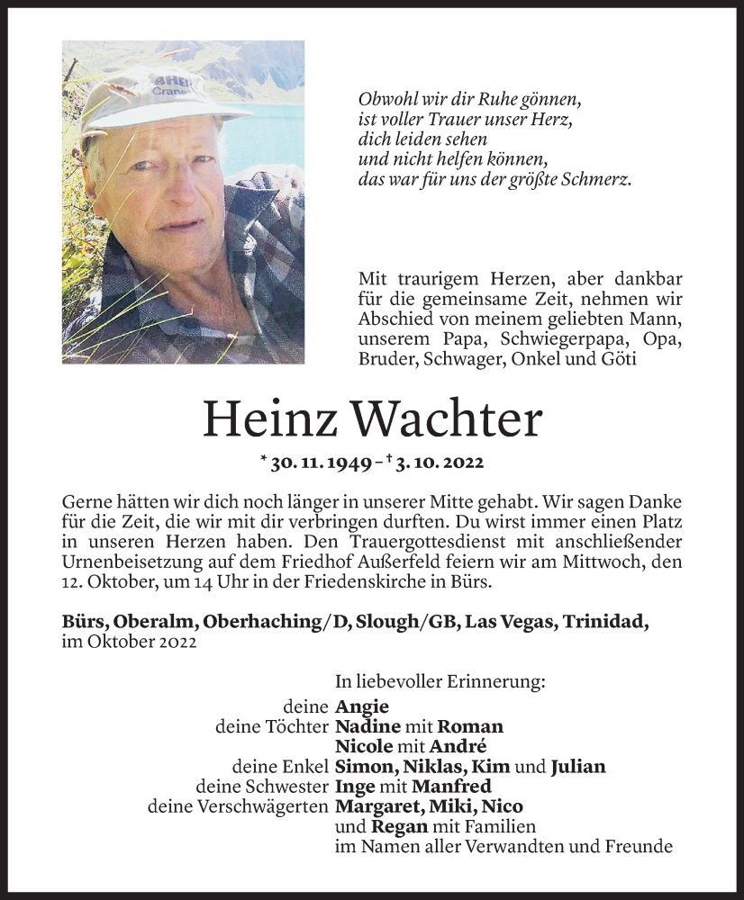  Todesanzeige für Heinz Wachter vom 08.10.2022 aus Vorarlberger Nachrichten