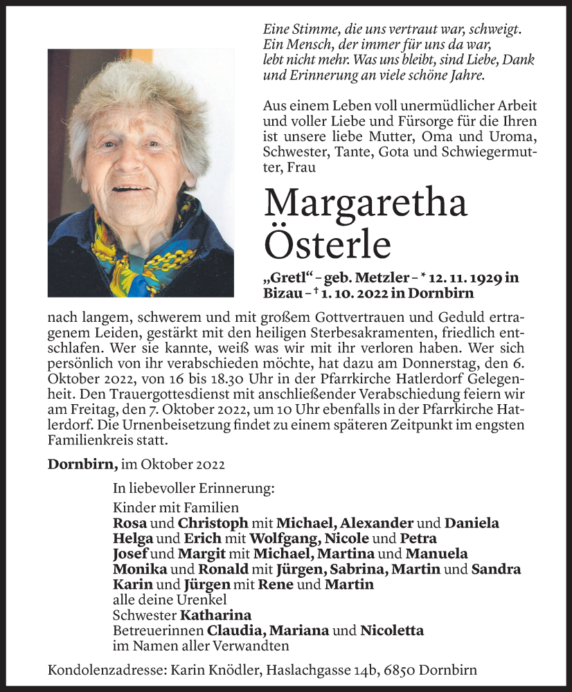  Todesanzeige für Margaretha Österle vom 04.10.2022 aus Vorarlberger Nachrichten