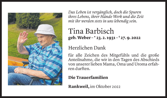 Todesanzeige von Tina Barbisch von Vorarlberger Nachrichten