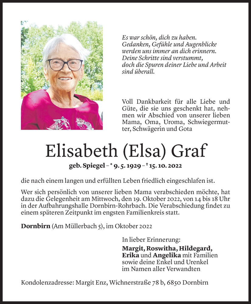  Todesanzeige für Elisabeth Graf vom 18.10.2022 aus Vorarlberger Nachrichten