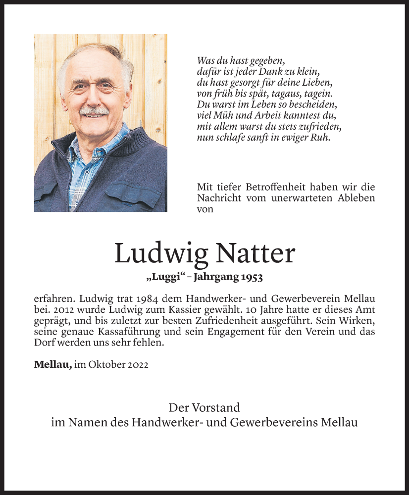  Todesanzeige für Ludwig Natter vom 20.10.2022 aus Vorarlberger Nachrichten